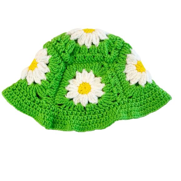 Handmade Crochet Floral Bucket Hat Womens Daisy Cottagecore Hippie 70s 90s Retro - Picture 1 of 5